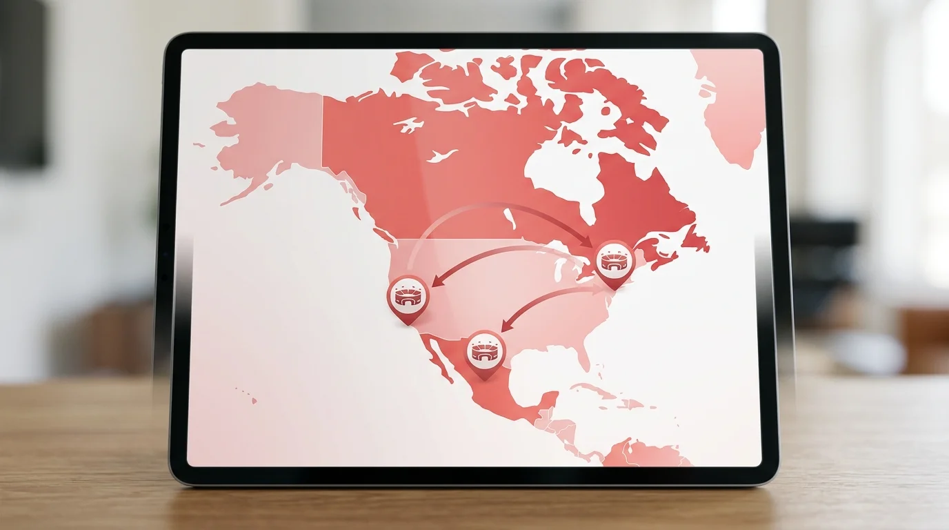 Carte stylisée du parcours canadien à travers les stades américains
