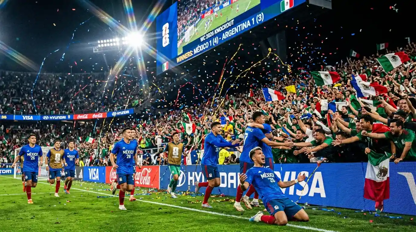 Joueurs de football célébrant une victoire avec leurs supporters dans un stade rempli