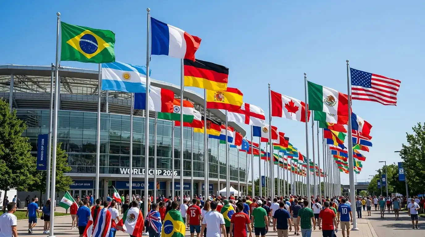 Drapeaux des nations participantes au Mondial 2026 flottant devant un stade de football