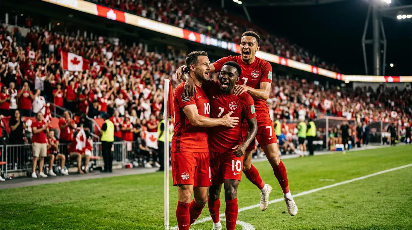 Joueurs de l'équipe nationale canadienne en maillot rouge célébrant un but lors d'un match international