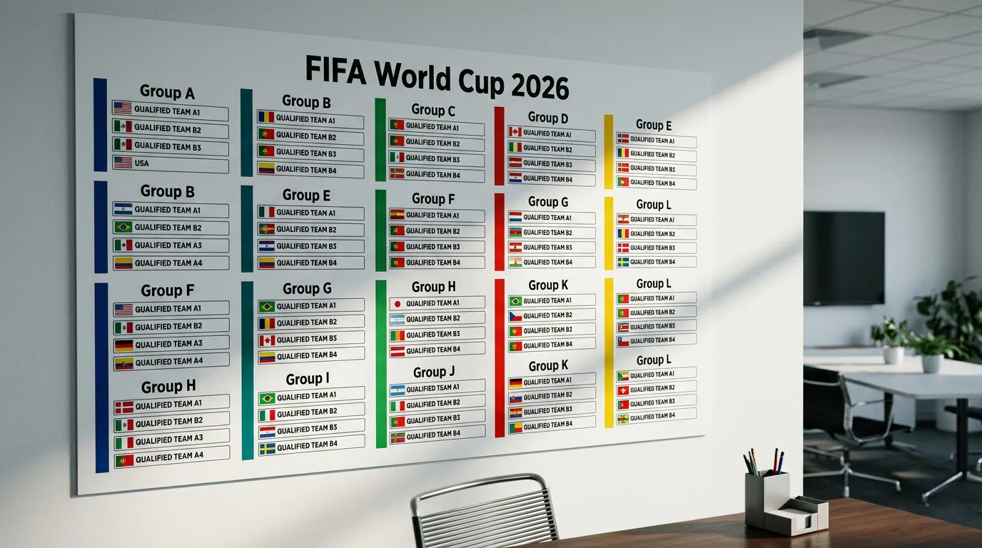 Présentation des 12 groupes de la Coupe du Monde 2026 avec drapeaux des 48 équipes