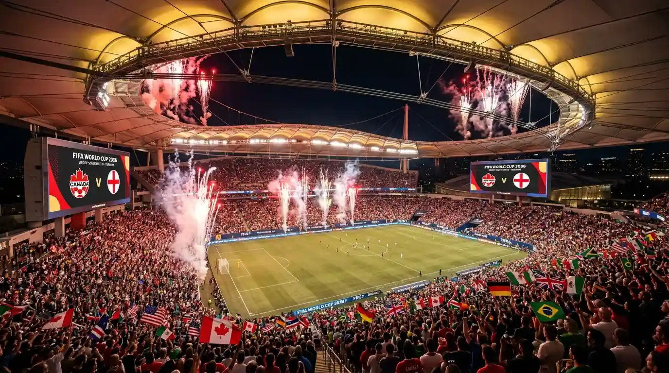 Vue panoramique d'un stade nord-américain illuminé lors d'un match de la Coupe du Monde 2026