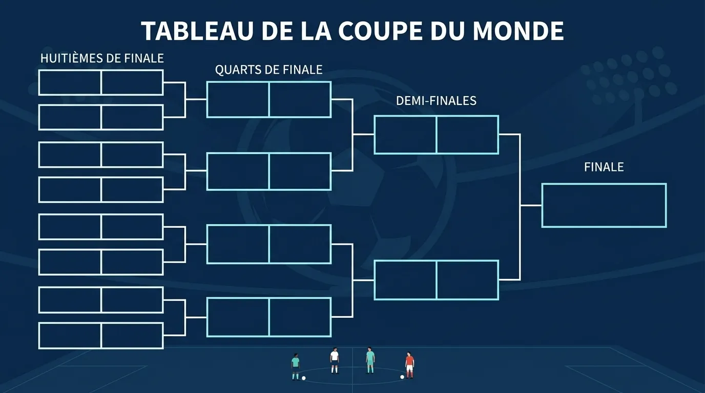 Infographie du calendrier des huitièmes de finale de la Coupe du Monde 2026 avec les qualifiés du 1er juillet