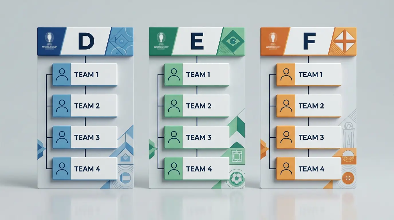 Schéma visuel des trois groupes D, E et F avec leurs équipes et positions avant la 3e journée