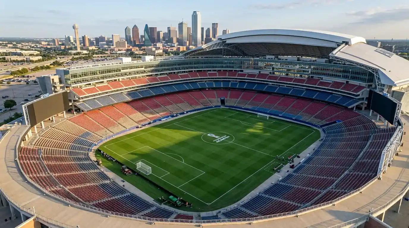 Vue aérienne d'un stade moderne américain préparé pour un match de la Coupe du Monde FIFA